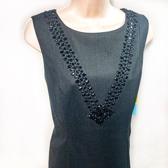 NWT Antonio Melani Charcoal Beaded V Sheath Dress Sz 6 - Picture 2 of 12